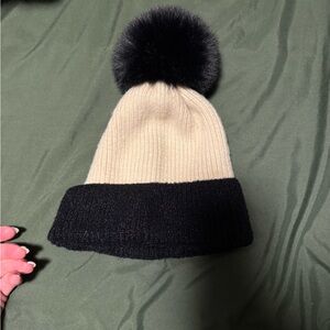 Black and Cream Knit Beanie with Pom Pom